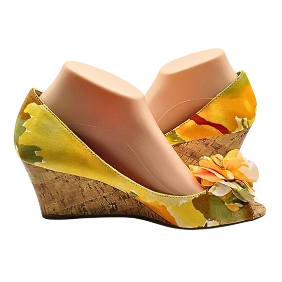 Unisa Womens Peep Toe Wedge Pumps Size 9 Floral Cork Hawaiian Vacation Resort - Picture 2 of 6
